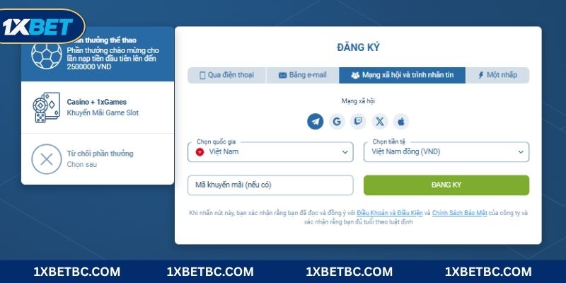 Đăng ký 1XBET qua mạng xã hội tiện ích và hiện đại