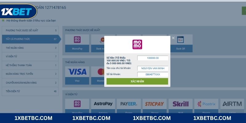 Điền thông tin rút tiền 1XBET theo các phương thức tương ứng
